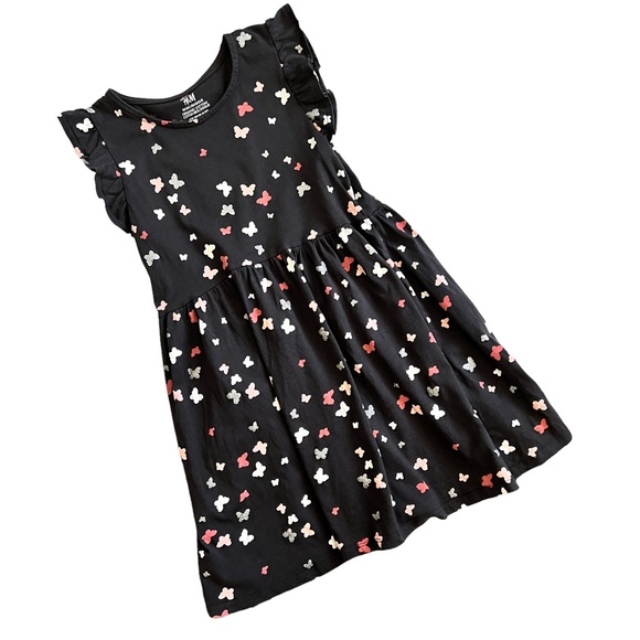 H&M Kids Butterfly Print Ruffle Sleeve Cotton Dress Black Silver Pink Sz 6X /7 - Picture 7 of 7